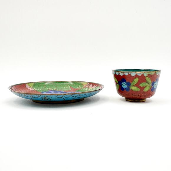 Antique Chinese Cloisonne Cup And Plate Red w Blue Dogwood Pink Lotus Pattern - Picture 9 of 13